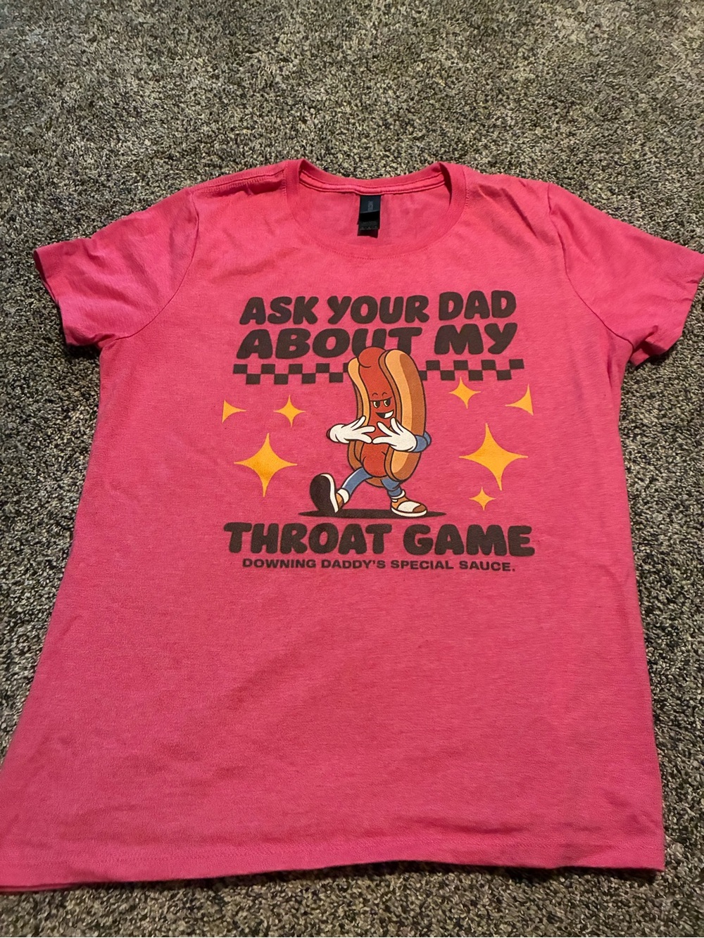Gildan Hot Pink Graphic Tee with Cartoon Hot Dog